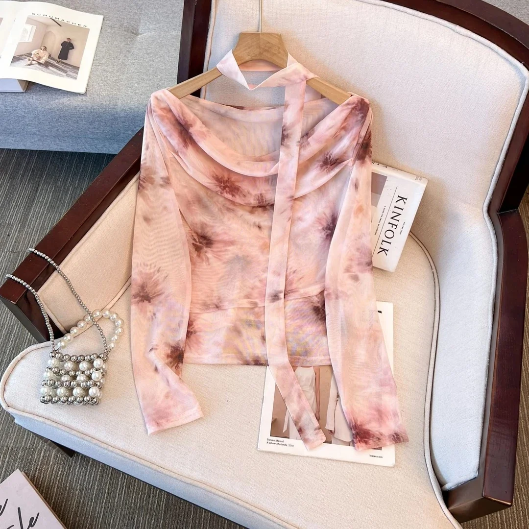 

Retro Tie Dye Double Layer Me Long Sve T-irt Women's Spring 2025 Slim Fit Choker Design Cute Sle Polyester Blend