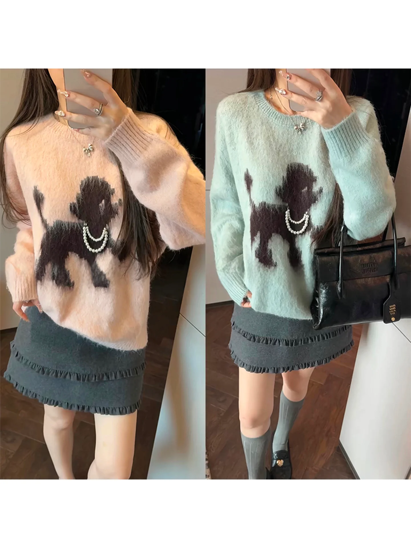

Arro Little Dog Beads Sweater Women Winter Set with Woolen Skirt Pants Korean Sle Cute Casual Faion Mimius Brand