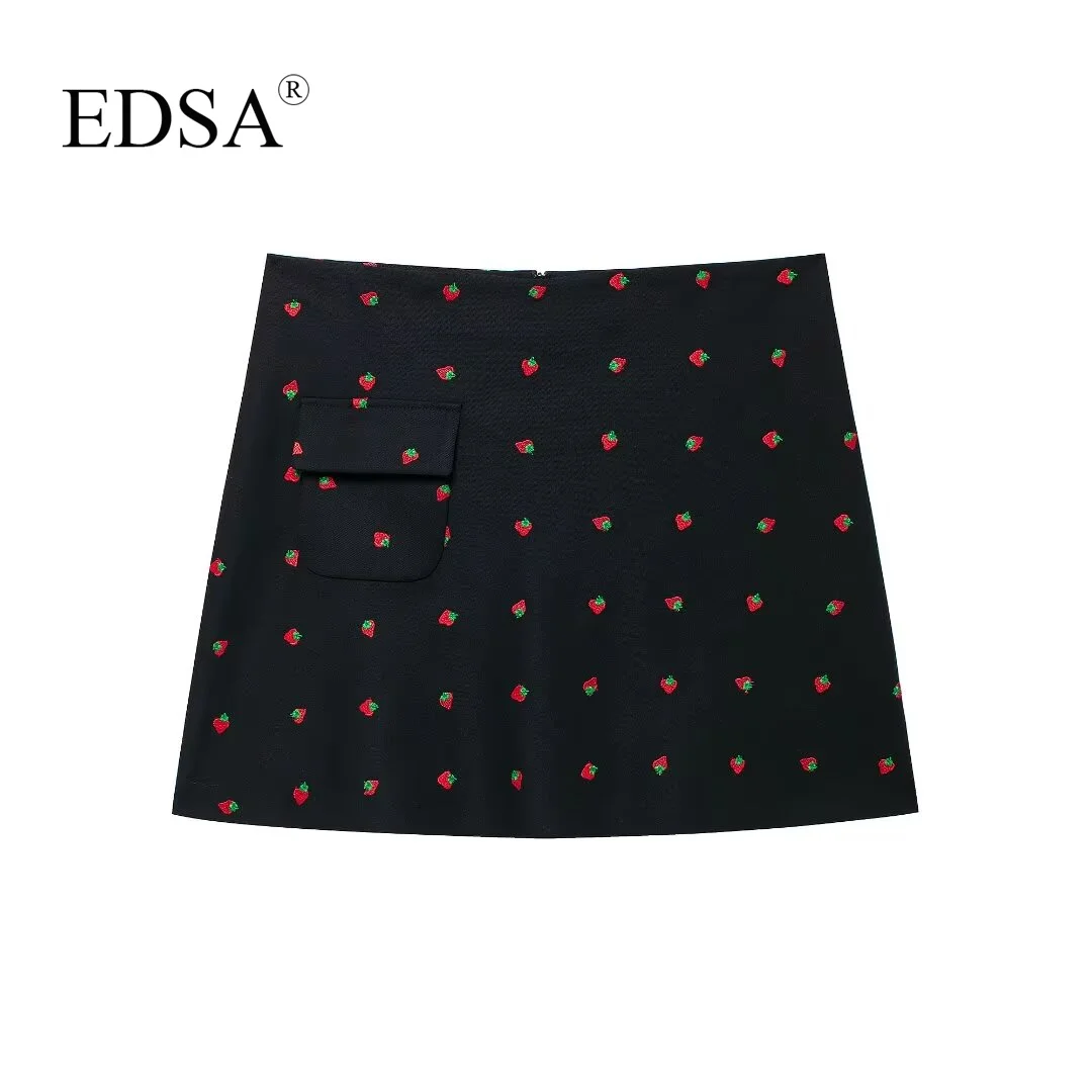 EDSA Women Wool Blended Strawberry Printed Skirts Set 2 Pcs Black Blazer Jacket High Waist Striaght Mini Skirts for Office Lady