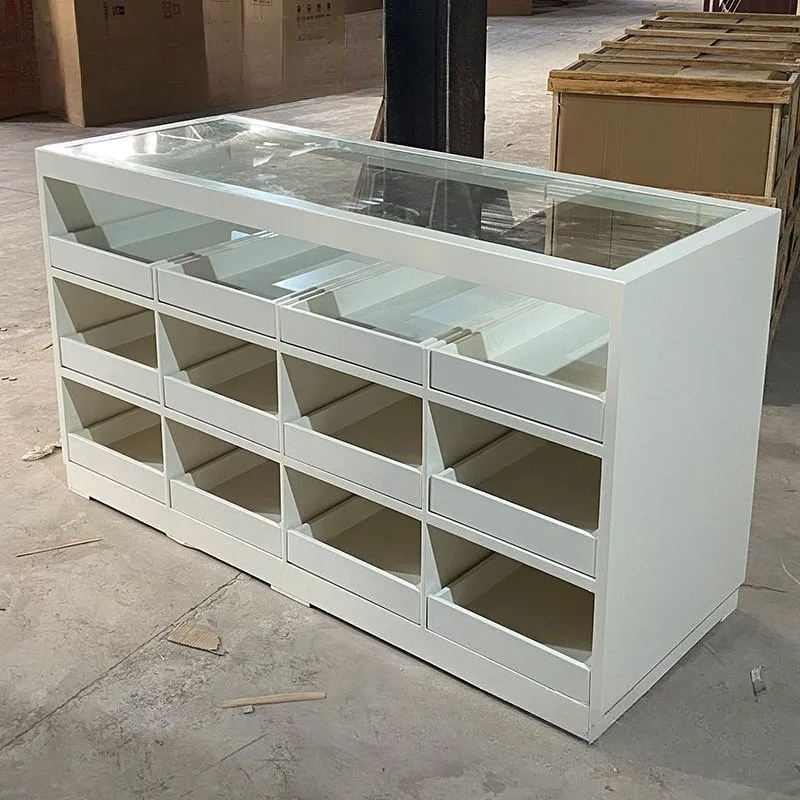 

Glass island display stand, jewelry store, shoe store display cabinet, milky white clothing store, assembly table