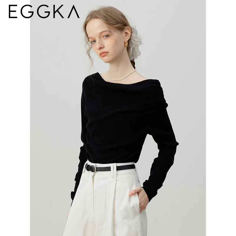 Eggka Slash-Neck Slim Knitwear Women\'s Fall Elegant Long-Sleeve Tops Off-Shoulder Knitted T-Shirts Female Commute Solid Tops