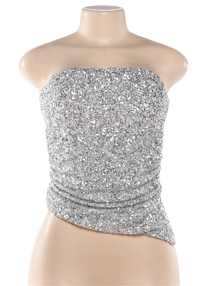 セクシーなスパンコールの背中見せチューブトップ、女性用ファッショングリッターパッチワークハイウエストソリッドクロップドトップ、女性用サマーY2Kトップ2026