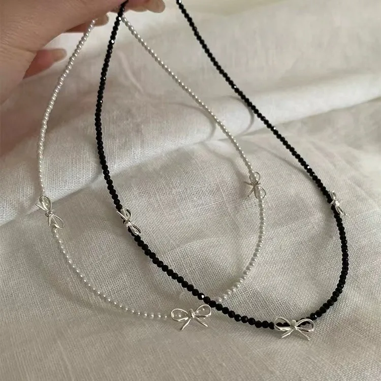 OMY Imitation Pearl Crystal Beads Necklace Elegant Bow Charm Choker Girls Neck Chain Women Party Jewelry Gifts Collar