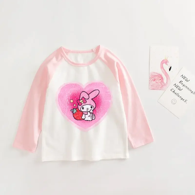 Sanrio My Melody Anime roupas infantis, camiseta de manga comprida para meninas, desenhos animados do coração, jaqueta fofa para crianças, presente superior para bebês, roupas kawaii