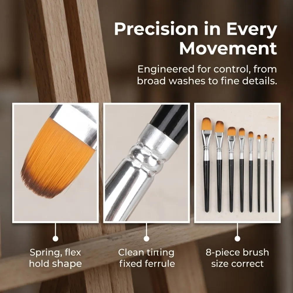 

8PCS Nylon Filaments Paint Brush Set Round & Flat Tips Firm Texture Artist Brush Kit Wood Handle Multi-Media Brushes