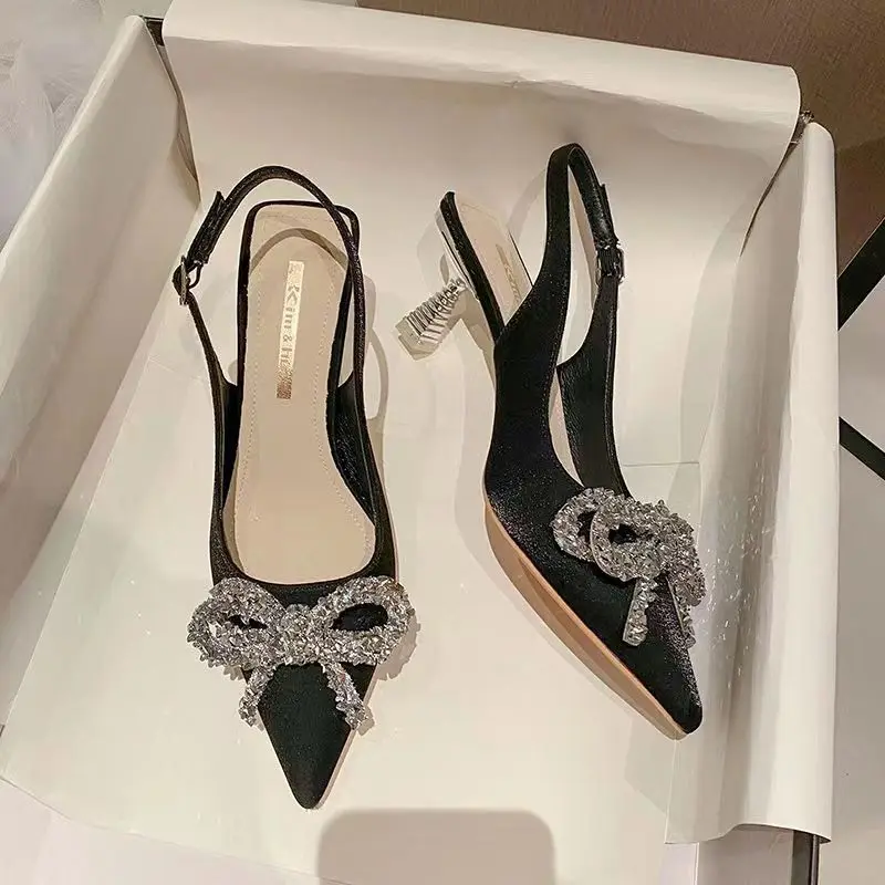 

Xibeilove 2023 Summer New Women's Sandals Fashion Pointed Rhinestone Bowknot Crystal Square Buckle Stiletto Party Shoes