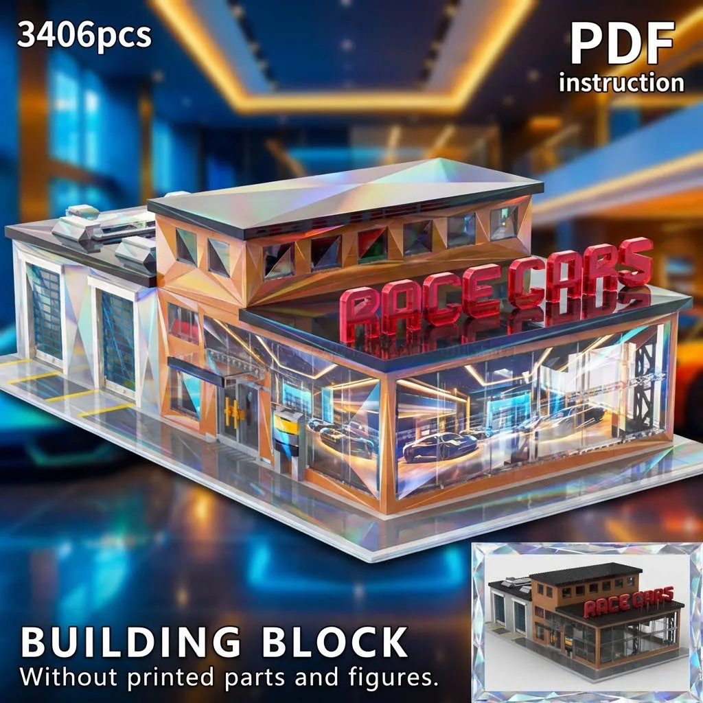 

Glass Facade Modern Car Dealership Showroom MOC Block Model with Service Garage Architecture
