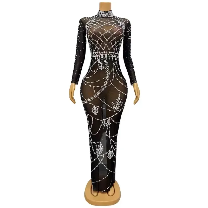 Women Long Dress Black Mesh Shiny Rhinestones Prom Party odycon Stretch Birthday Transparent Gown Singer Model Evening Costume