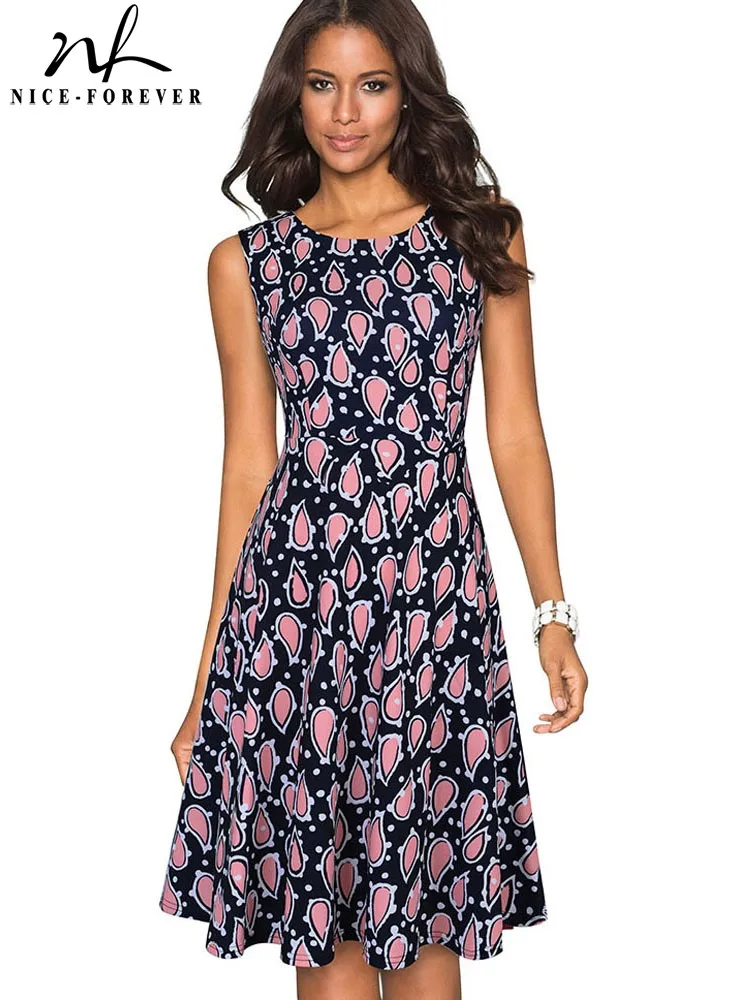 

Nice-forever Summer Women Elegant Floral Print Sun Dress Casual Flare Dress btyA086