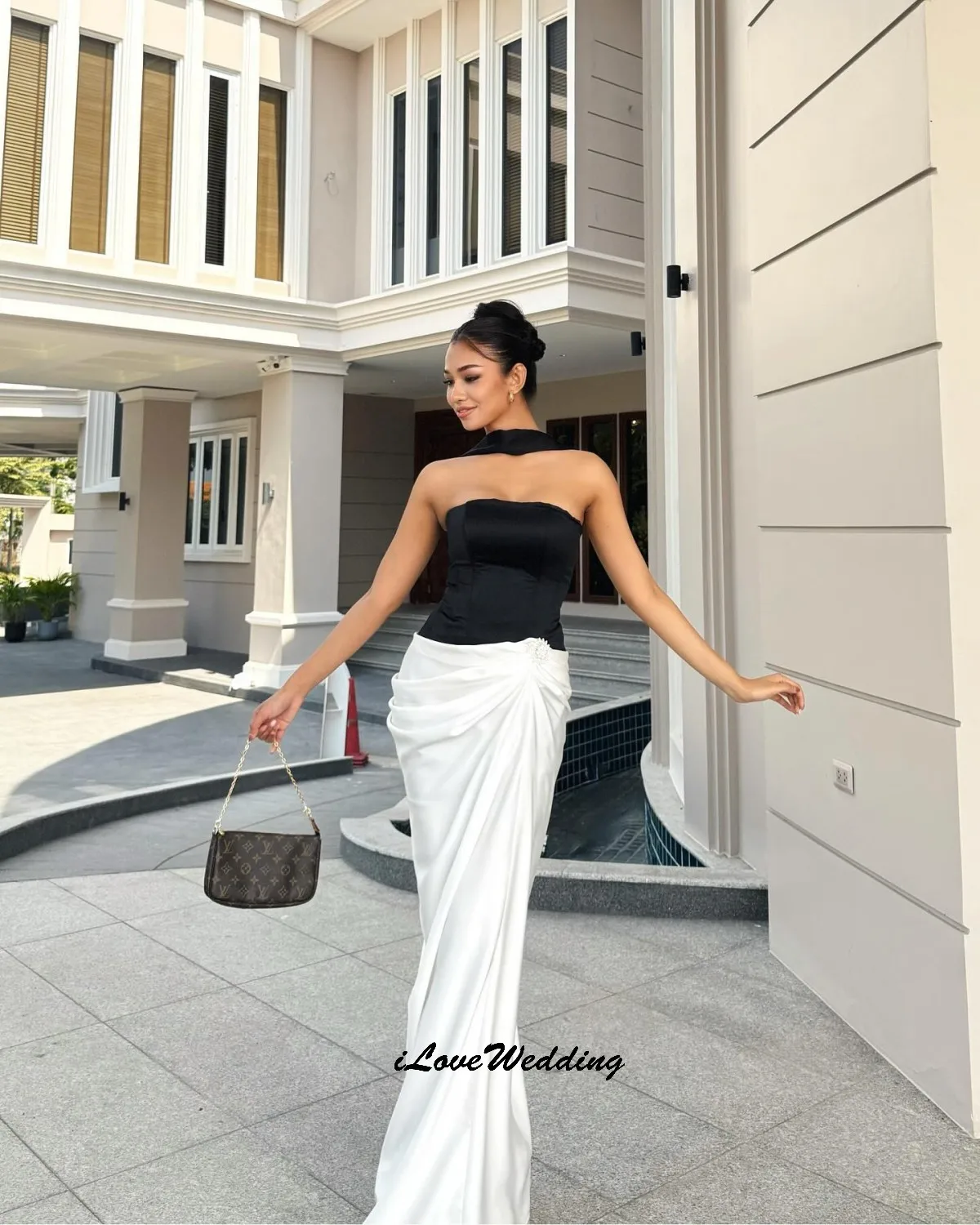 

Evening Dress 2025 White&Black Wedding Party Dress Contrast Color Strapless Satin Formal Prom Dress Mermaid Classic Customized