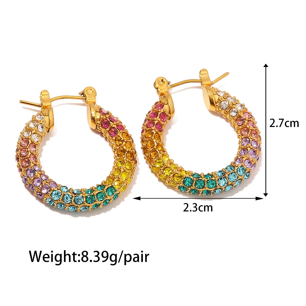 Fashion Colour Rhinestone C Shape Hoop Earrings Women Stainless Steel Zircon Stacked Huggie Ear Buckle Punk Jewelry Summer New