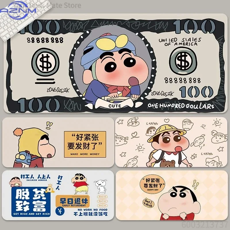 Funny Crayon Shin‑chan Money Themed Large Mousepad, Rubber Non‑Slip Stitched Edges Desk Mat, Cute Cartoon Extended Keyboard Mous