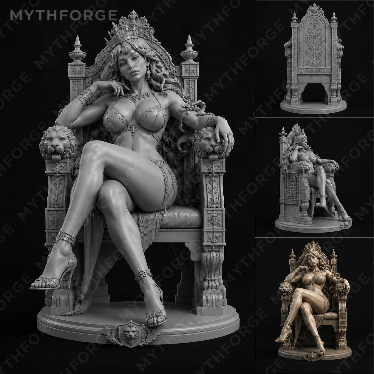 Image of MythForge 3D-gedruckte Königinnenfigur mit Löwenthron, unlackiertes graues Harz, Krone, einteilig, zum Selberbemalen