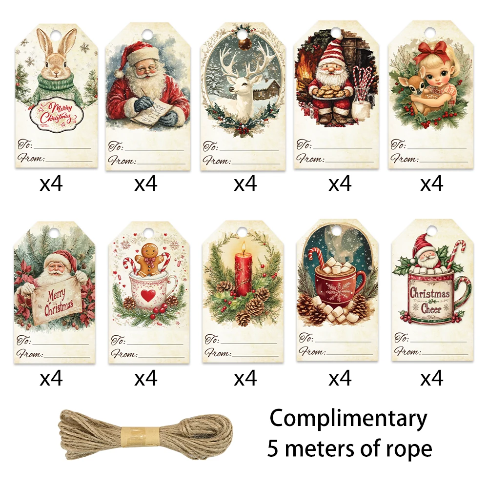 40개, 크리스마스 태그, 선물 라벨, 파티 장식, DIY, 포장 장식, 인사말 카드, 파티 카드, 황마 끈