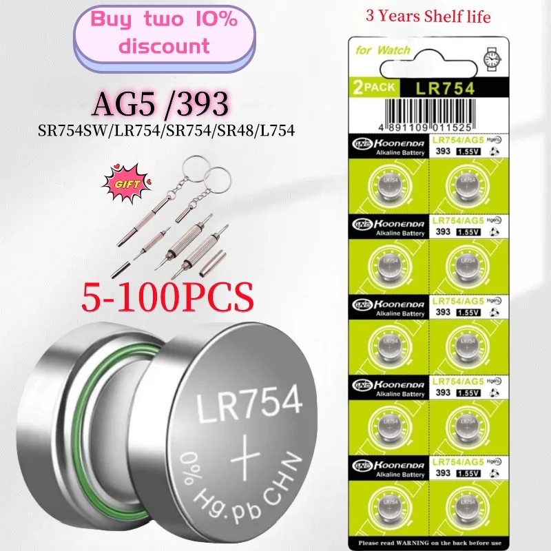 2-100PCS AG5 SR754SW LR754 Button Pilas Batteries SR754 LR48 193 393A Alkaline Cell Coin Battery For Watch Toy Clock