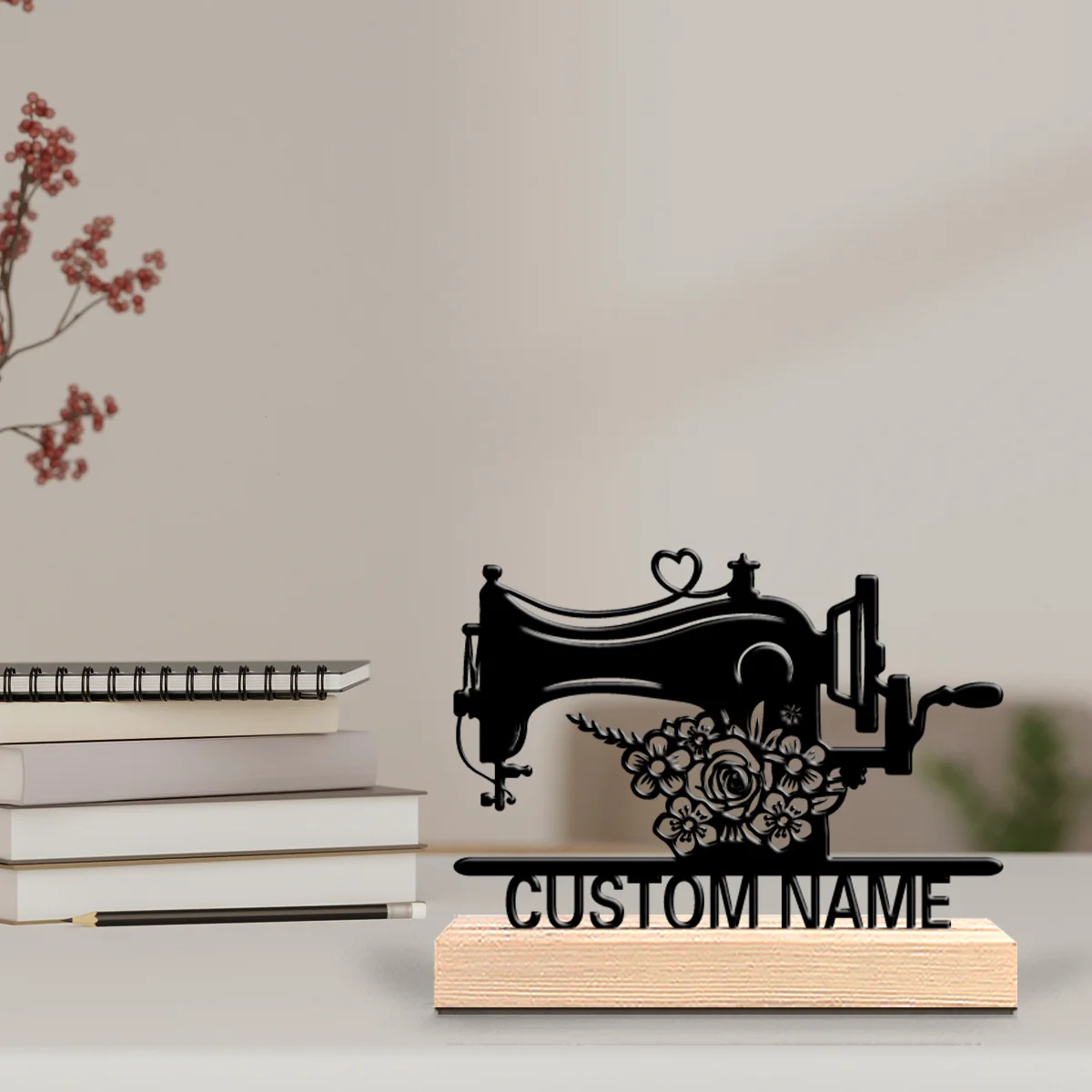 1 pièce Sculpture de bureau personnalisée et mignonne en forme de machine à coudre avec base en bois, idéale pour les randonneurs, les campeurs et les amateurs de nature
