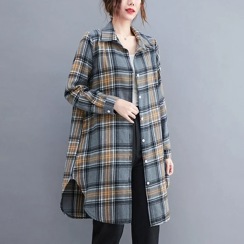 

Women's Vintage Print Mid-Length Plaid Blouse 2026 Spring Autumn New Korean Long Sleeve Loose Plus Size Shirt Top Women Clothing