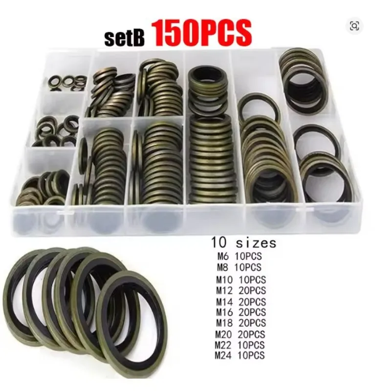 150PCS Combined Seal Gasket Repair Box High Pressure Oil Pipe Washers Assortment 6-24mm Rubber Gasket Set