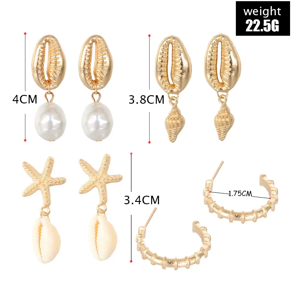 4 Pairs Bohemia Shell Starfish Dangle Earring Set For Women Summer Beach Pearl Conch Drop Earring Girls Boho Jewelry Accessories