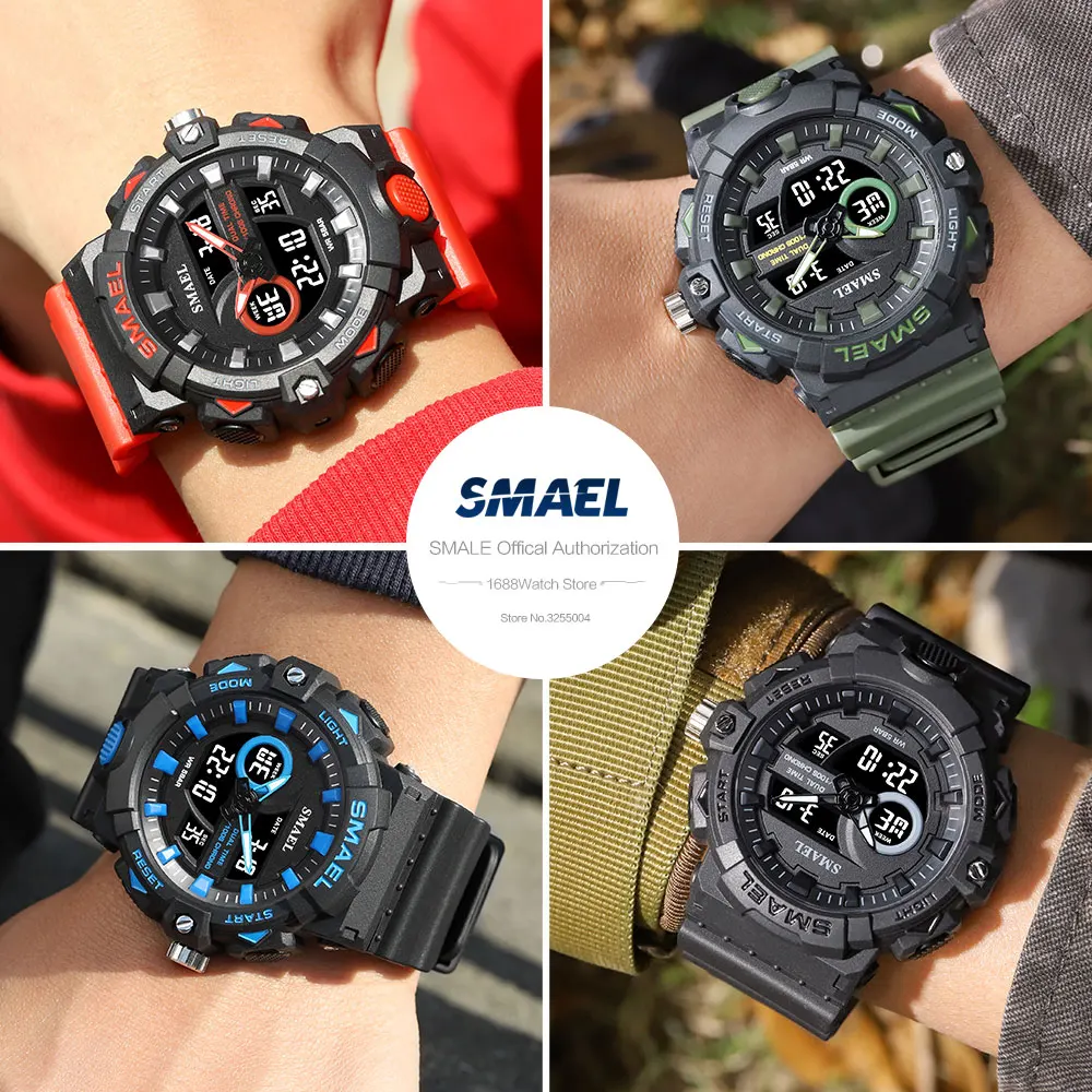 SMAEL Electronic Digital Watch Men Miitary Sport Dual Time Display Quartz Watch with Chronograph Neon Green Strap Auto Date 8081