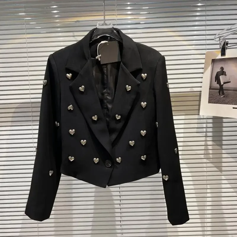 Chaqueta de traje corta en forma de corazón de Metal 3D para mujer, Blazer de manga larga negro, ropa para mujer, primavera y otoño, 2023