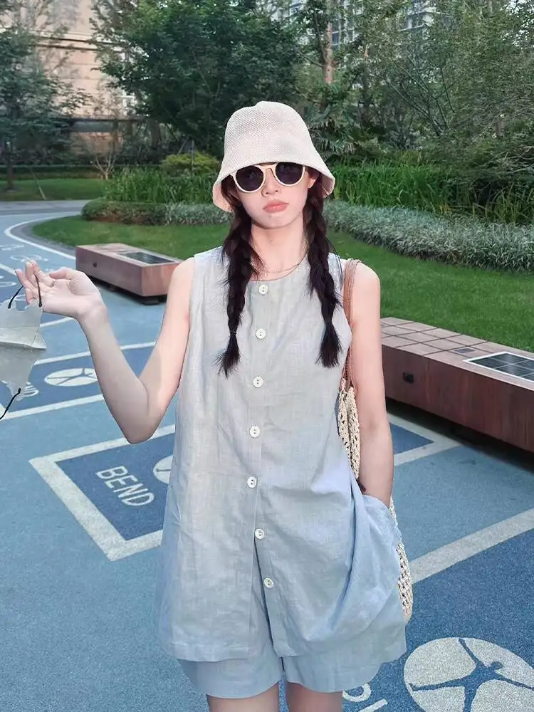 

Casual Loose Women's Shirt Set Summer Korean Style Cotton Linen Sleeveless Vest Top And Elastic Waist Shorts Two-Piece Set J146