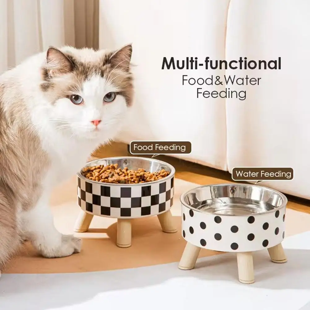 Pet Bowl Polka Dot Plaid High Legs Cat Bowl Stainless Pet Supplies Dog Household Heightened Steel Neck Guard Bowl T8B9