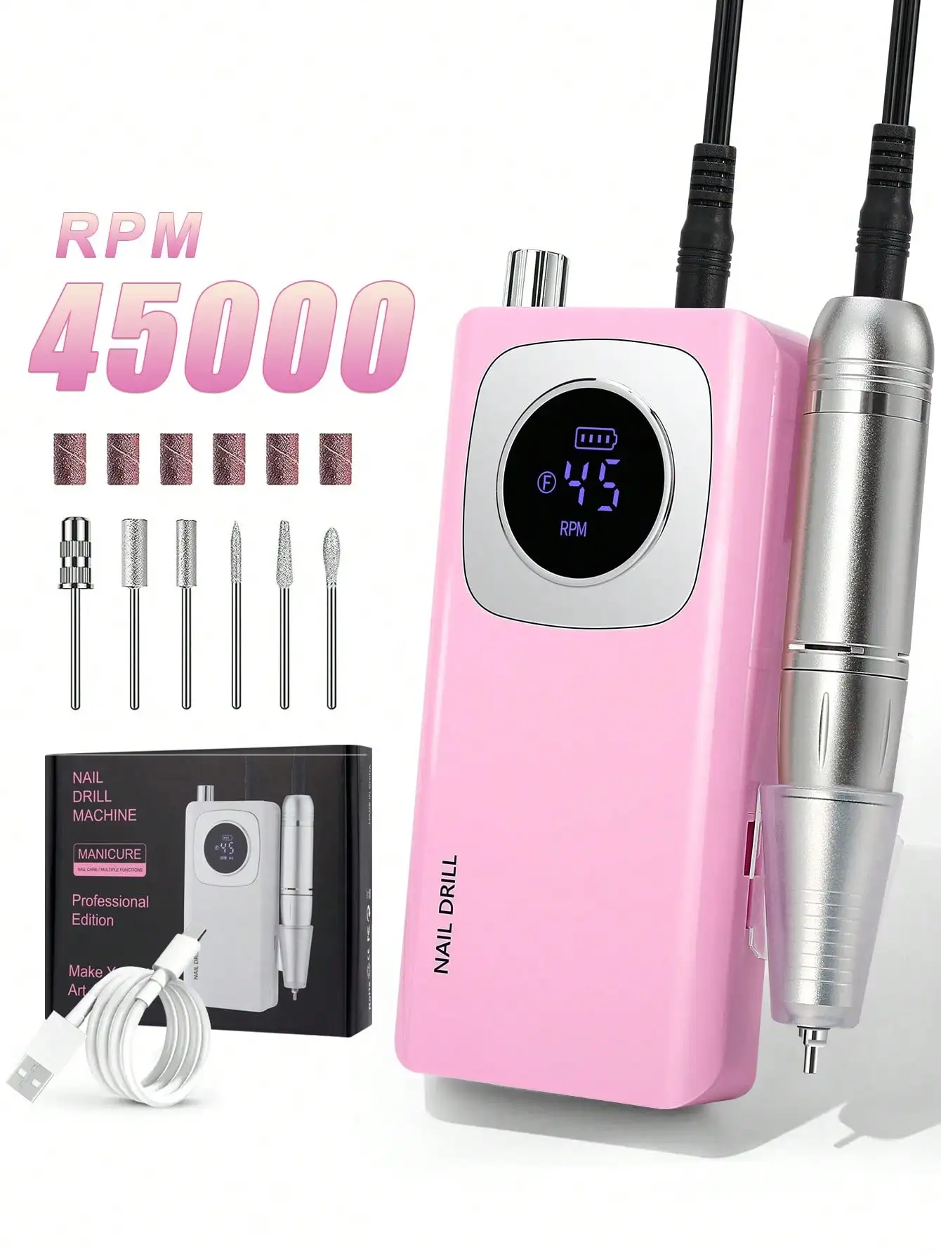 Electric Nail Drill Kit, Portable Rechargeable Nail Drill, 45000 RPM for Acrylic Nails, Gel Nails Polishing Shape Tool