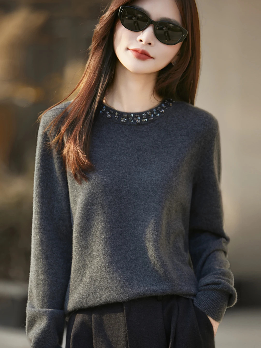 

00 шерстяной вязаный свитер, женский свободный крой с бриллиантами, модный повседневный свитер, длинный свек, круглый, Ne