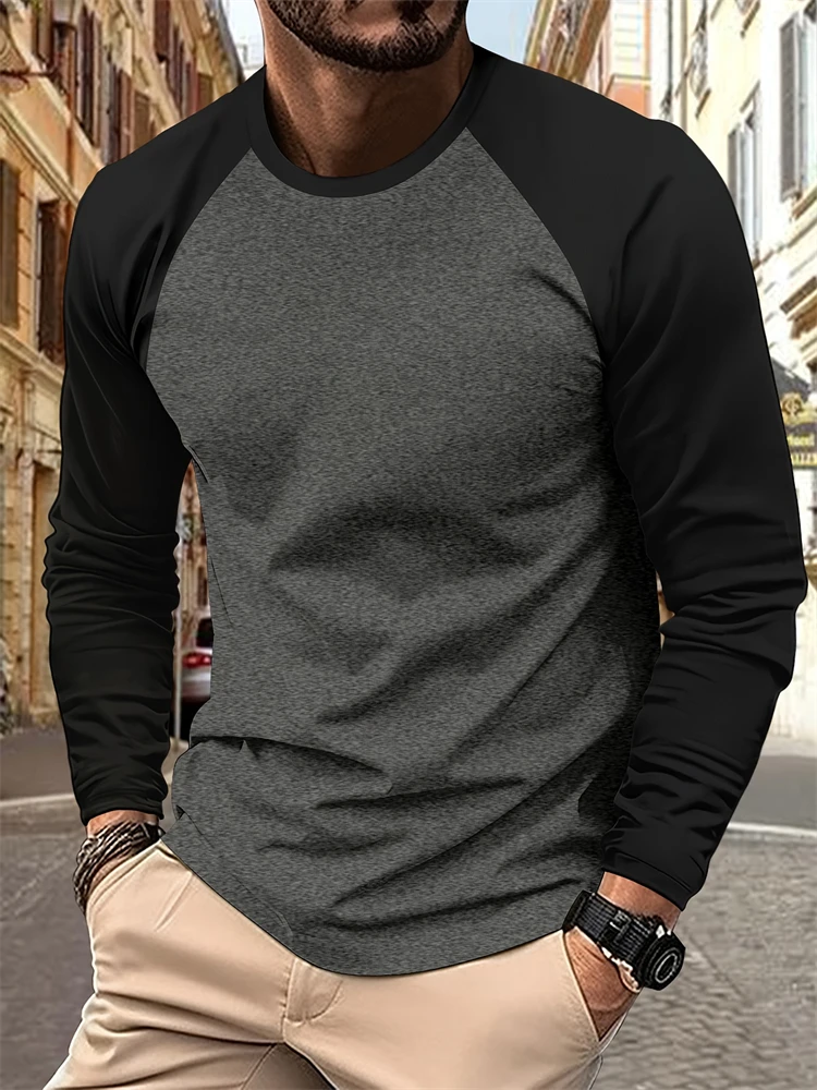 Mode Lente En Herfst Heren T-shirt Met Lange Mouwen Effen Kleur Ronde Hals Kleding 2025, Trendy Straat Heren Sport Lange Mouw