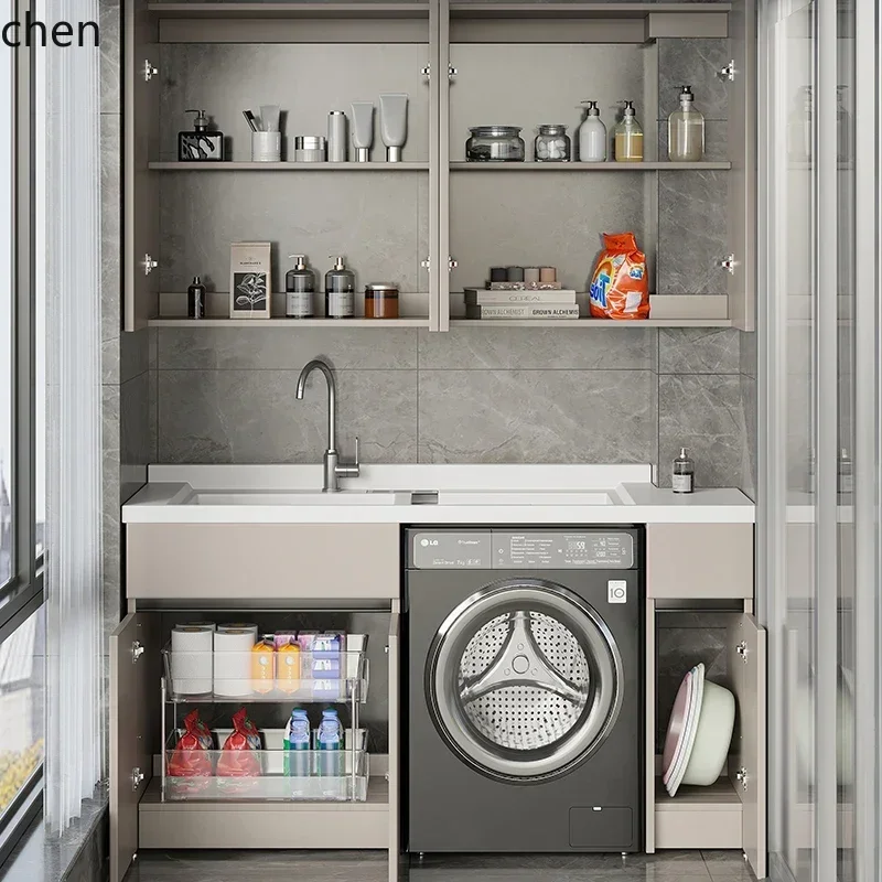 Balcony Cabinet Laundry Sink Double Drain Basin with Washboard Integrated Full Aluminum Laundry Cabinet