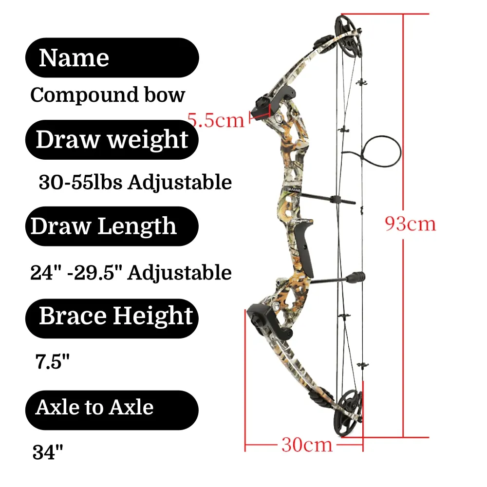 Archery Compound Bow Arrow Kit 30-55LBS Right-Hand Bow Alloy Fiberglass Limbs for Adult/Beginner Hunting Fishing Target Shooting
