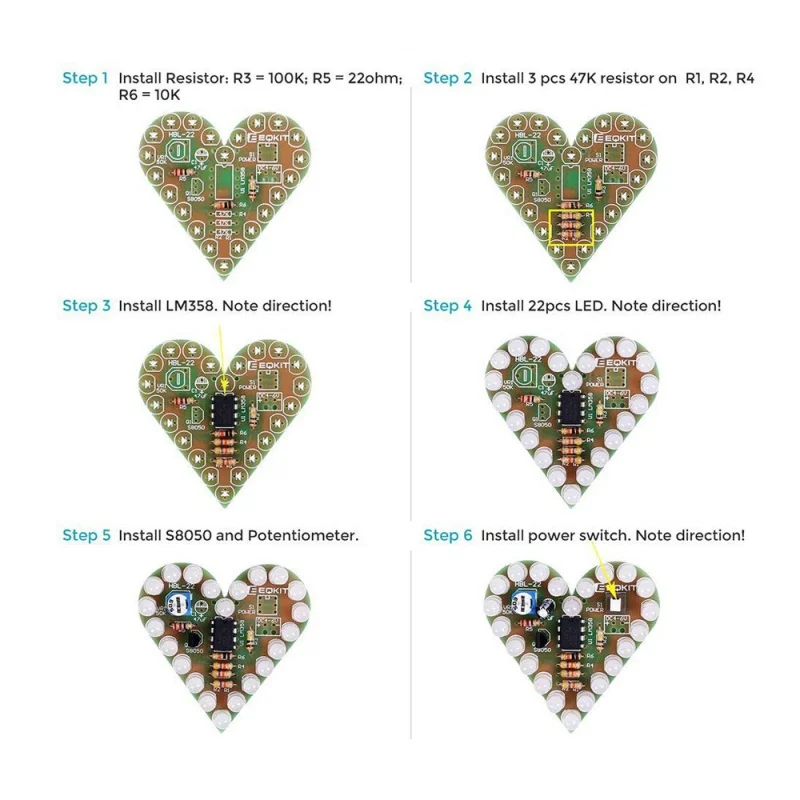 Heart Shaped Respiratory Lamps Set, LED Red, White, Green, Electronic Production for 39; DIY learning DC 4V-6V