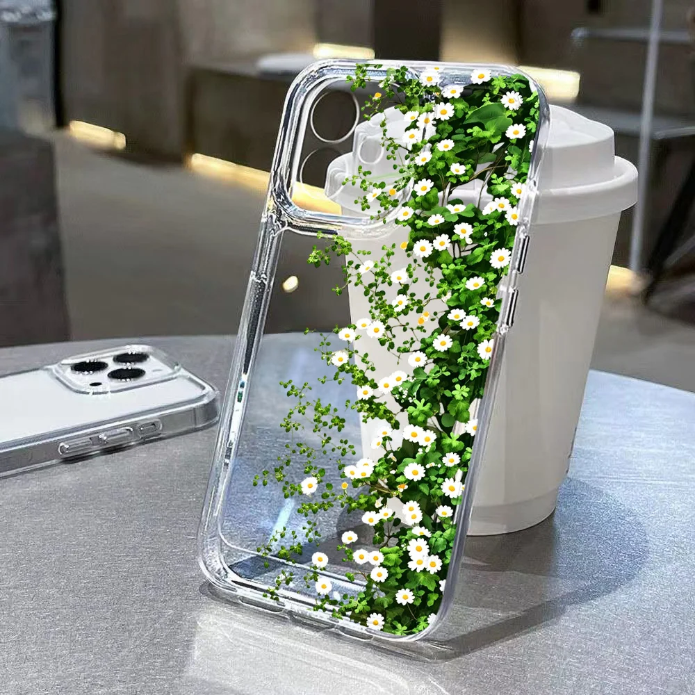 

Plant Leaves Daisy Flower Phone Case For iPhone 16 Case iPhone 15 13 14 12 11 17 Pro Max Air 16e 7 8 Plus XR XS SE Clear Cover