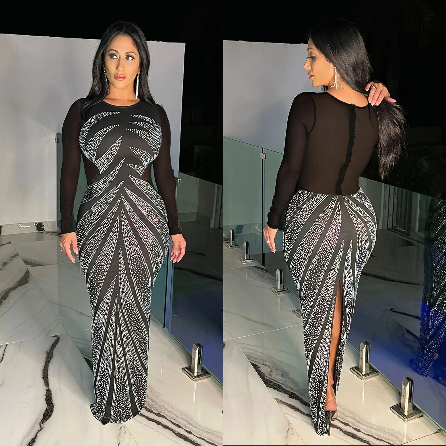 

Women's 2024 Summer New Long-sleeved Round Neck Hot Diamond See-through Splicing Hip-covering Elastic Back Slit Elegant Dress