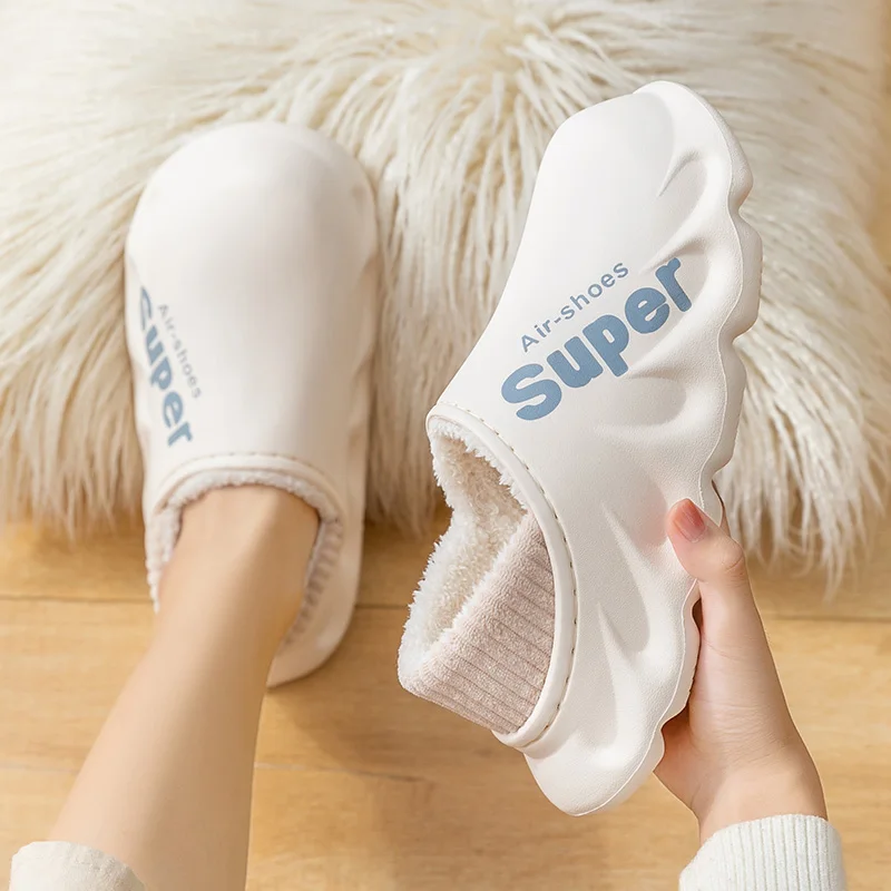 New Winter Women Men Fur Slippers Waterproof Warm Plush Household Indoor Home Thick Sole Footwear Non-Slip Solid Couple Sandals