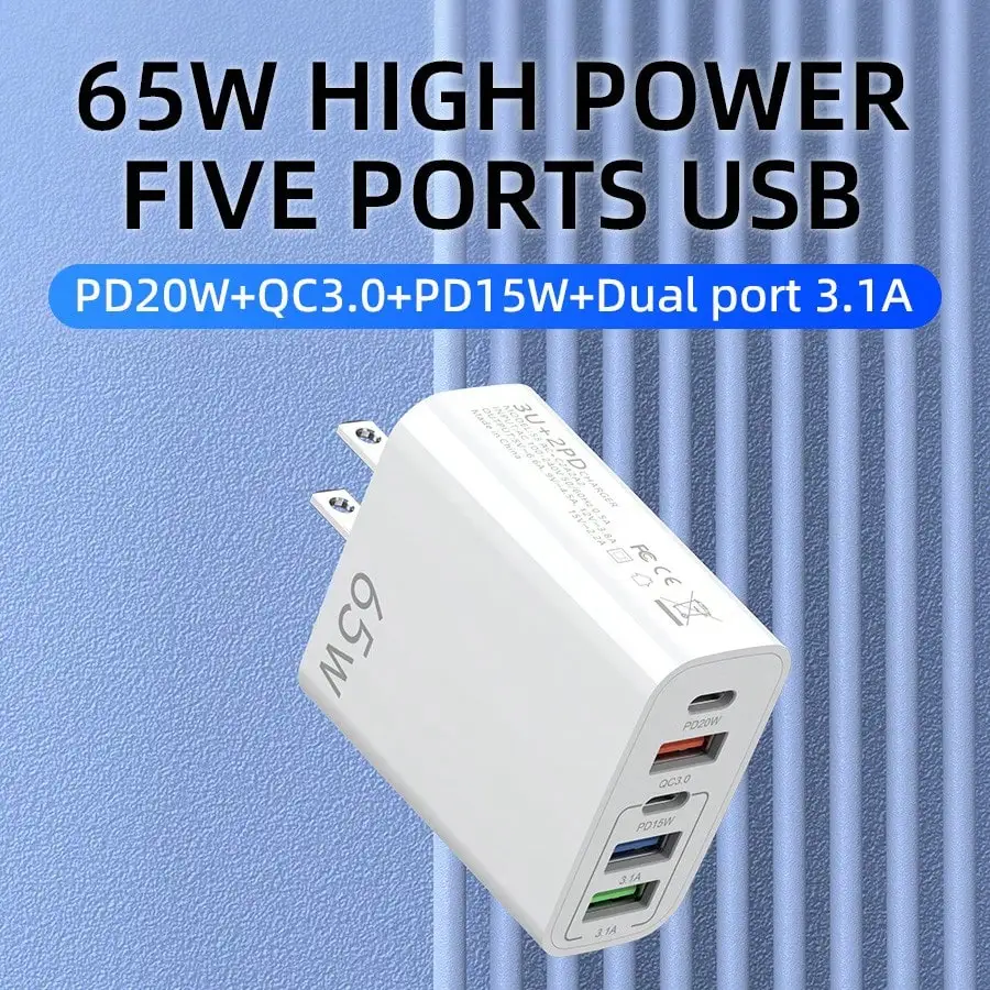 65W Multi Port USB C Fast Charger 5-Port Wall Charger PD QC 3.0 PPS Fast Charging Block for iPhone Samsung Phone Laptop Home Office Travel Adapter