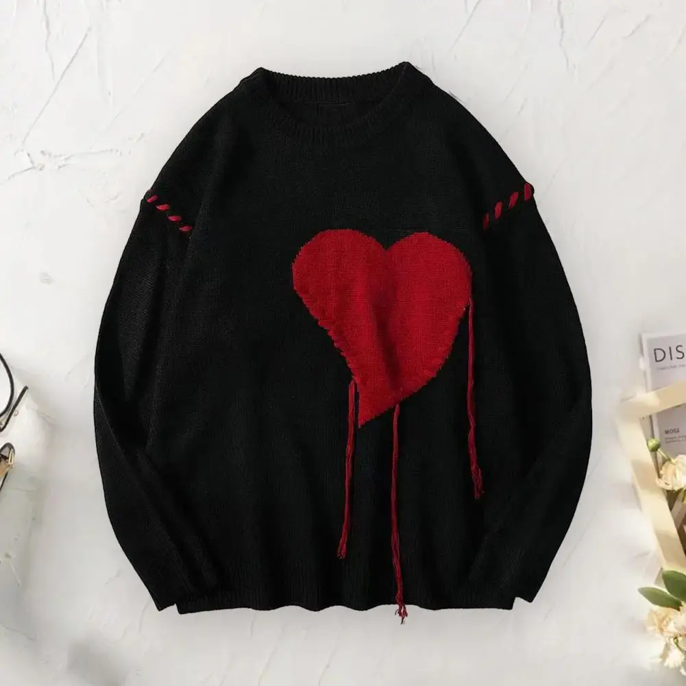 Fall Winter Men Sweater Heart Applique Couple Sweater Color Matching O Neck Long Sleeve Knitted Top Crochet Decor Knitwear