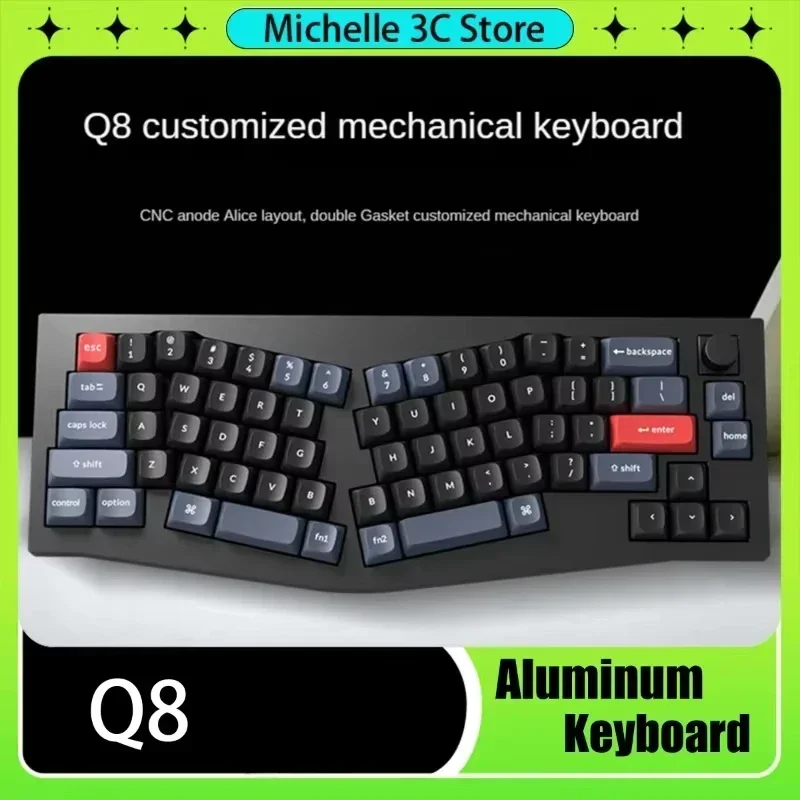 Q8 (Alice Layout) QMK/VIA Wired Custom Mechanical Keyboard Barebone Knob Version  All-aluminum Body Irregular Layout Game Gift