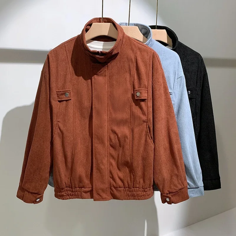 

Свободный крой, американский вельветовый джет для мужчин, осень-зима, повседневный молодежный воротник-стойка, застежка-молния сбоку