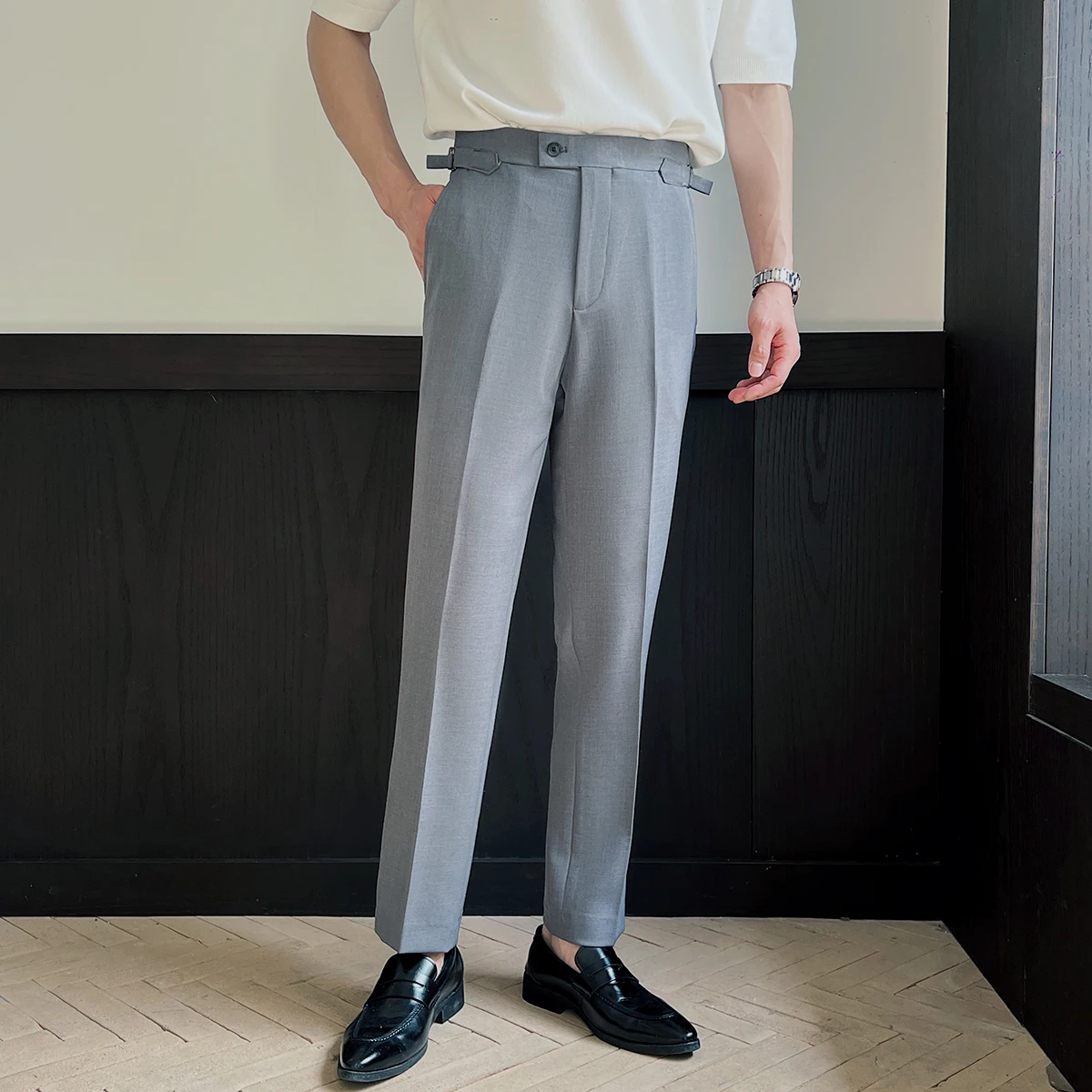 

Plus Size 29-42 Pant Men High Waist Straight Business Casual Fashion Vintage Ankle-length Suit Pants Gentleman Trousers