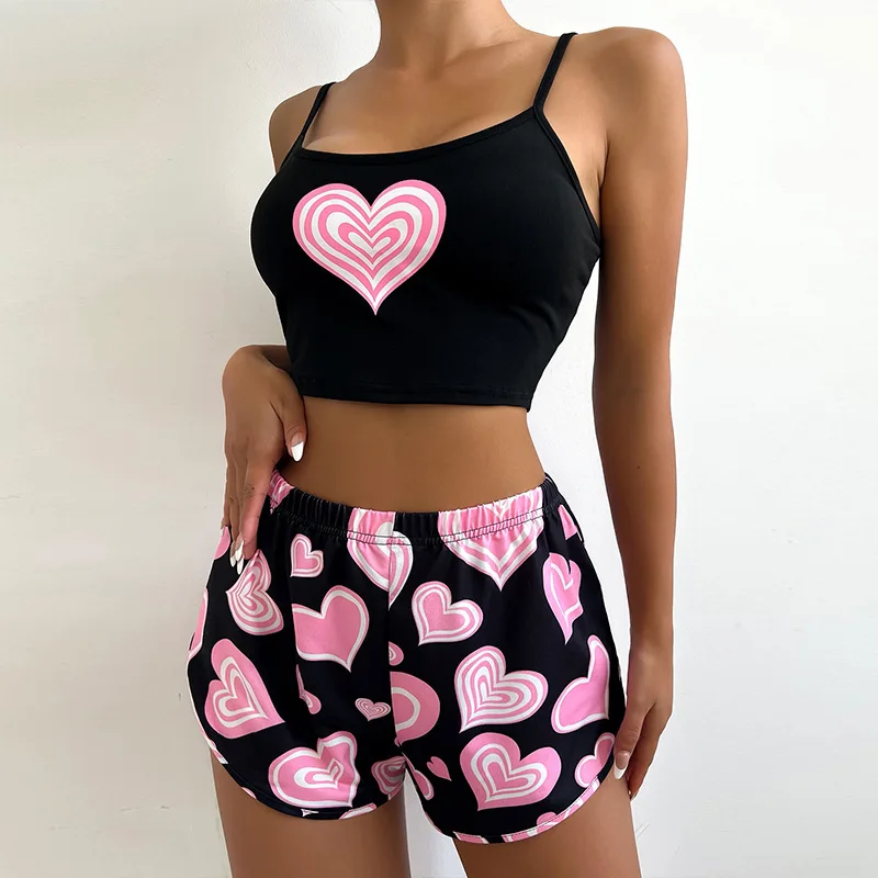 2 Pieces Pajamas for Girls Set Summer Women Sleepwear Short Sleeve Nightgown Female Ladies Sexy Lingerie Pyjamas Heart Print