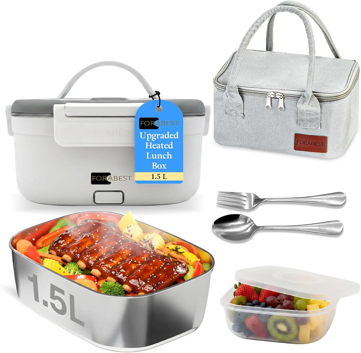 Torvani Store FORABEST Heated Lunch Box - 80W Electric Lunch Box, Portable Food Warmer with 1.5L Stainless Steel Container, Utensils & Carry Bag, On/Off Switch, 12V/24V Car/Truck & 110/220V Home/Office, White Gray