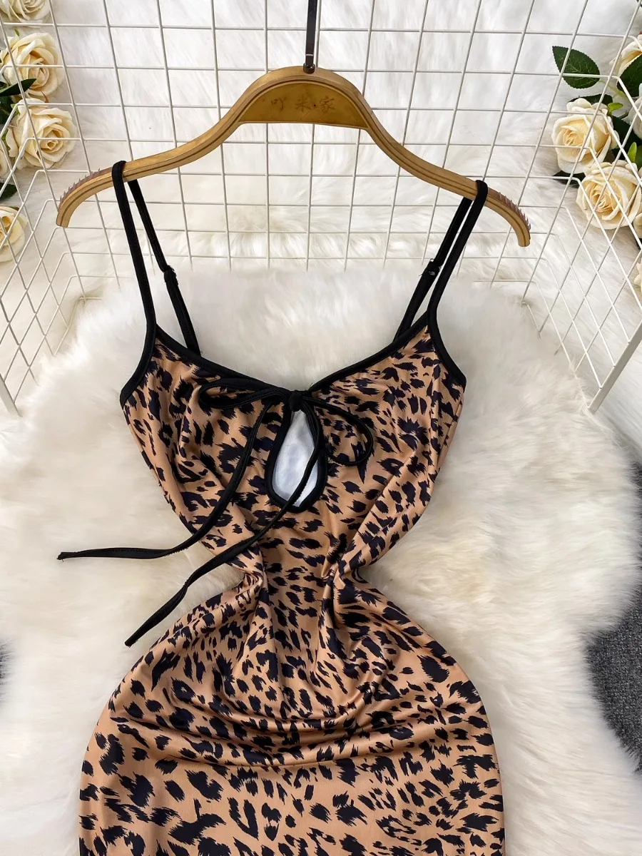 Foamlina فتاة مثير انقطاع التعادل ليوبارد الخامس الرقبة فستان بكتافة المرأة الصيف جديد ليوبارد طباعة عالية الخصر Bodycon فستان ماكسي