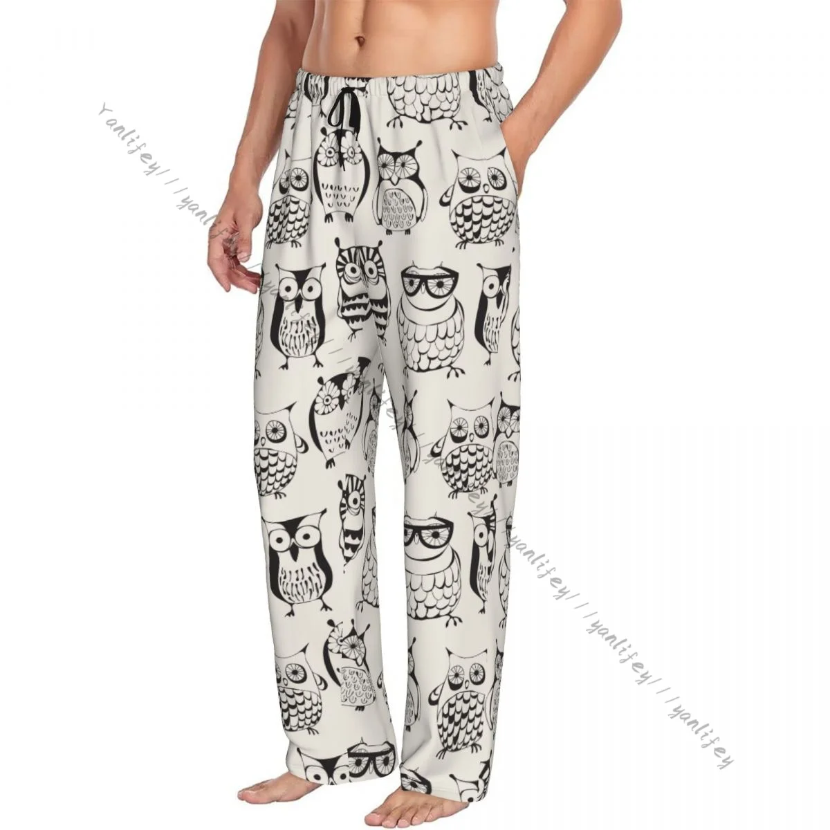 Mens Casual Pajama Long Pant Loose Elastic Waistband Cartoon Sleepy Owls Cozy Sleepwear Home Lounge Pants