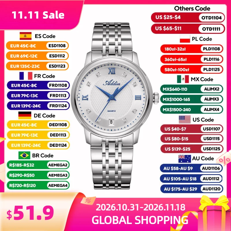 ADDIES Women's Luxury Quartz Watch Elegant Diamond Dial 316L Stainless Steel Watch Sapphire Glass 50m Waterproof Gift For Women