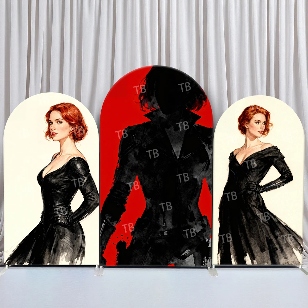 

Marvel Black Widow Arch Backdrop Cover Watercolor Style Red Black Design Theme Party Photo Booth Props for Events Decorations