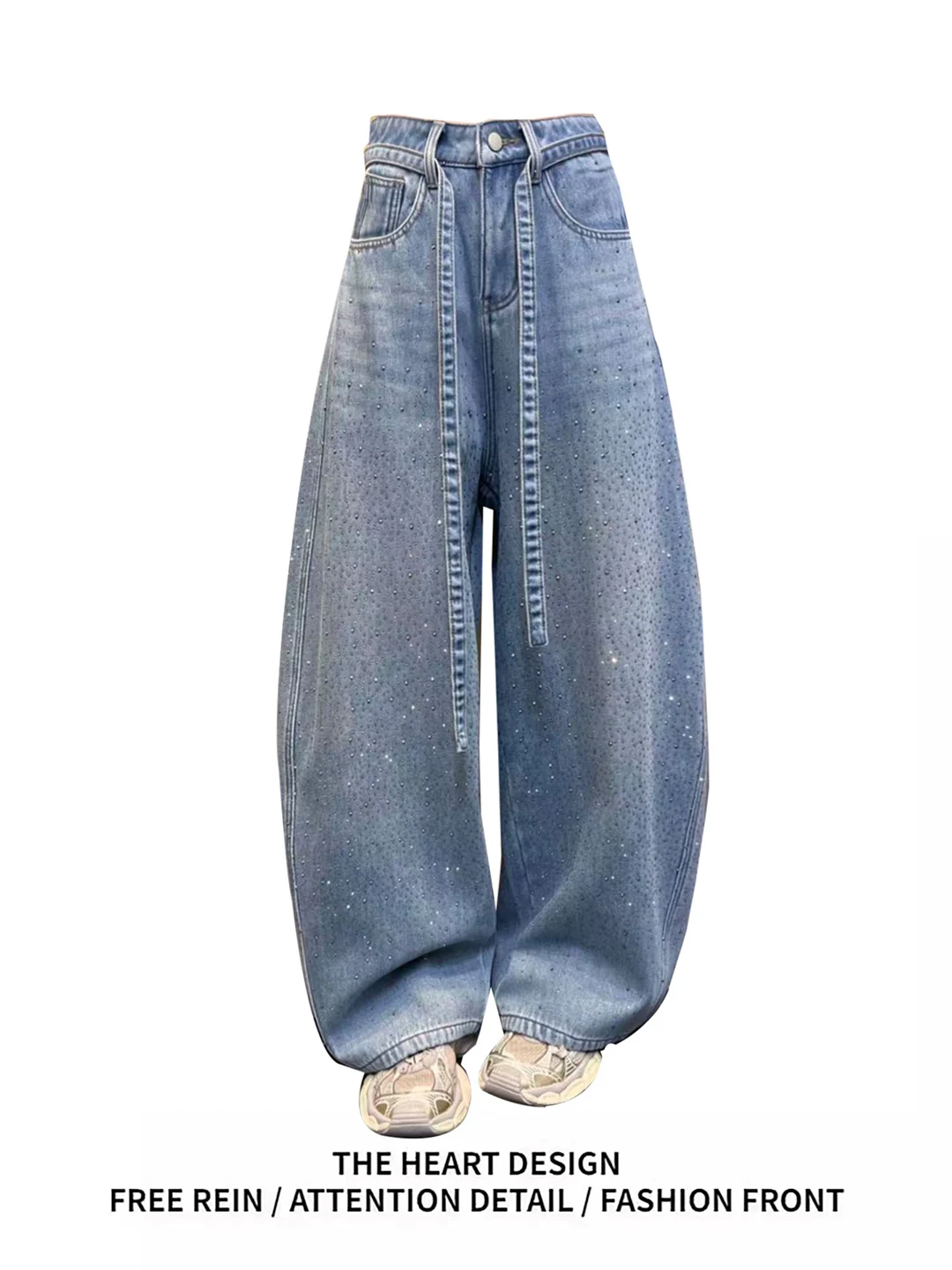 กางเกงยีนส์ทรงหลวมขาบานสไตล์อเมริกันย้อนยุค รุ่น Heavy Industry Tianxing Rhinestone สำหรับผู้หญิง