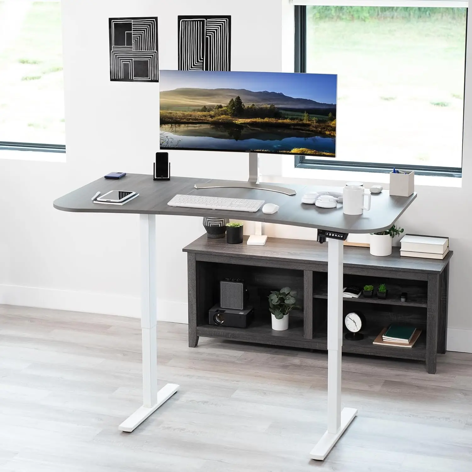 Electric 63 x 32 inch Standing Desk Workstation, Memory Controller Height Adjustment, Dark Gray Top White Frame