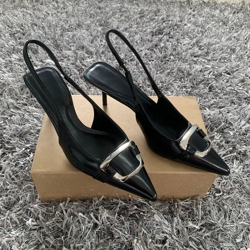 

2025 New Brand Women Sandal Fashion Square Button Ladies Elegant Slingback Shoes Thin High Heel Pumps Shoes